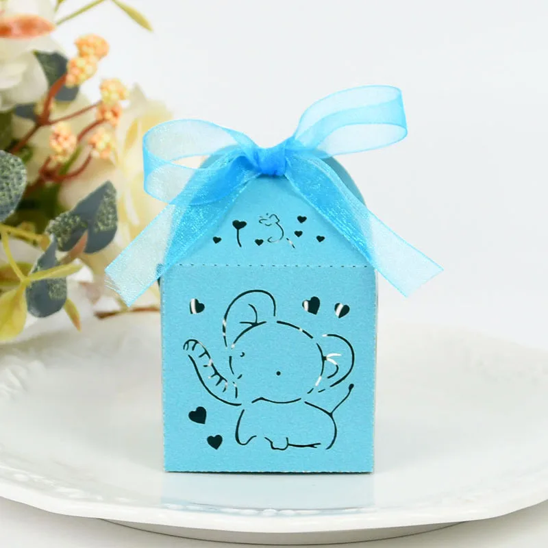 10/50pcs Baby Blue Elephant Candy Gift Box Hollow Paper Chocolate Treat Box Boy Girl Baby Shower Supplies Birthday Party Decor