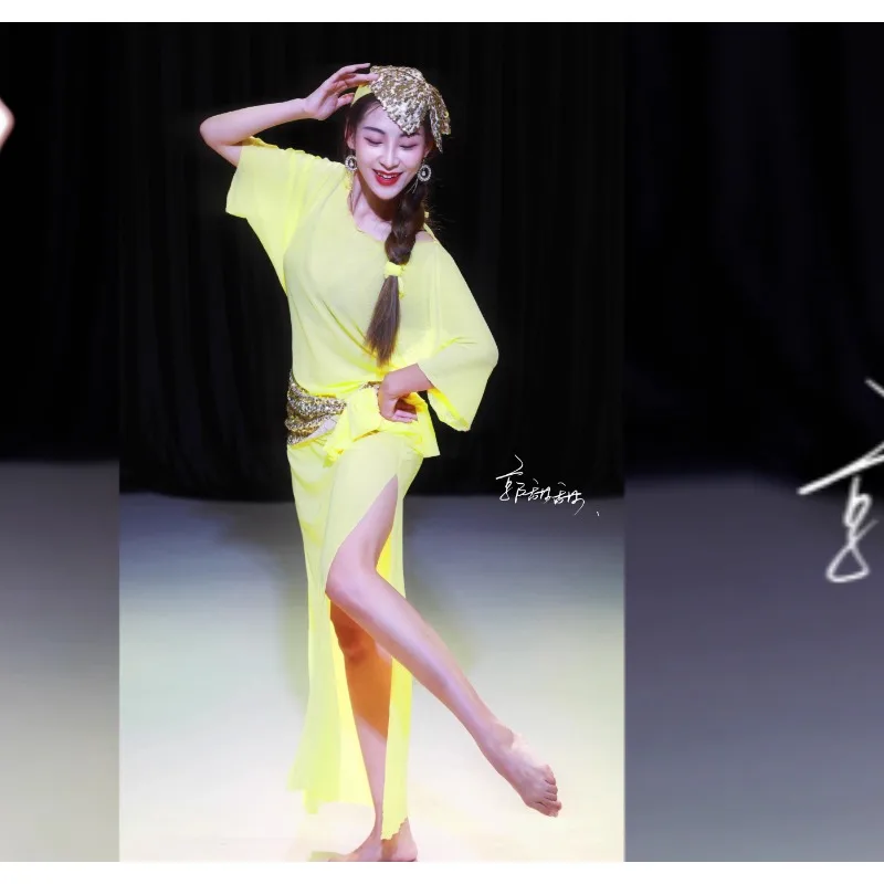 Customized Belly Dance Clothes Yellow Robe Folk Bow Eastern Dance Performance Costumes Team Dress Bow Headband Accessories