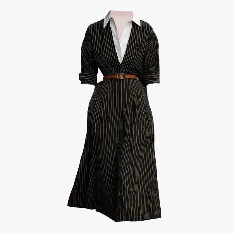 우아한 스트라이프 프린트 라펠 칼라 셔츠 드레스 패션 배색 포켓 롱 드레스 캐주얼 긴팔 버튼 파티 드레스