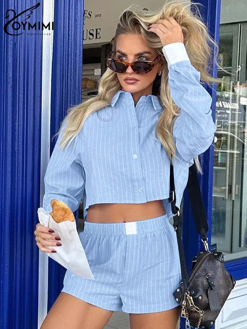 Oymimi Casual Blue Print Sets For Women 2 Pieces Elegant Long Sleeve Button Crop Shirts And Mid Waisted Patchwork Shorts Sets