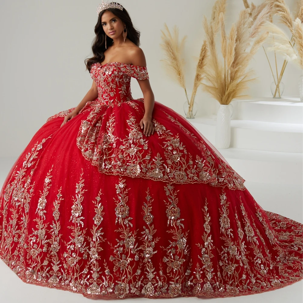 Lorensia gaun merah quincealeras gaun bola applique renda Vestidos Meksiko De 15 manik-manik a00os ulang tahun 16 bunga فساتين YQD198