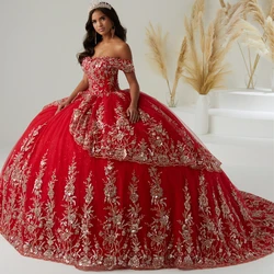 Customized Red Quinceañeras Dresses Ball Gown Lace Appliques Mexican Vestidos De 15 Beaded Años Birthday 16 Flower فساتين YQD198