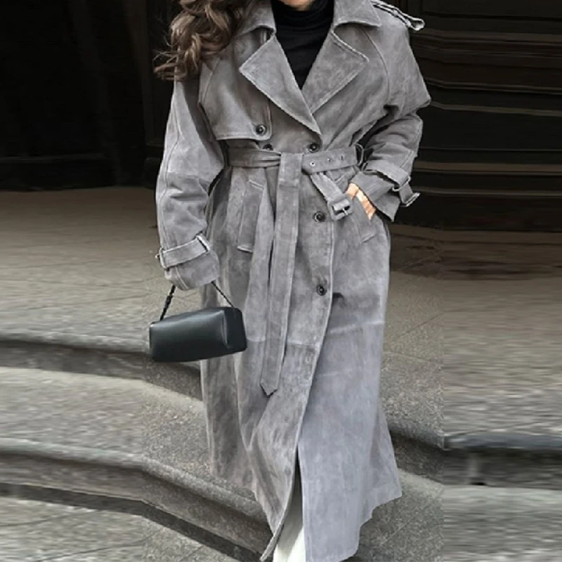 

Осень-зима 2025 года, новый коричневый длинный плащ в стиле ретро для женщин, свободное повседневное элегантное пальто