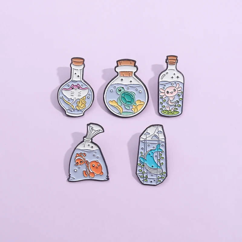 Bottle Marine Organism Enamel Pins Clothes Backpack Decorative Brooches Cartoon Salamander Animal Brooches Lapel Badge Gift