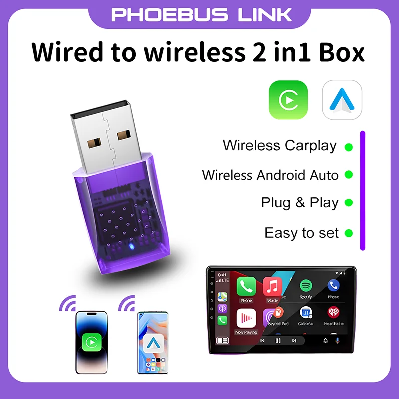 

2 IN 1 Wireless Carplay Adapter and Android Auto AI-Opt Plug&Play Wired To Wireless USB-C Auto-Connect 5GHz HighSpd No-Lag
