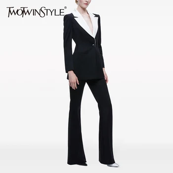 TWOTWINSTYLE Colorblock Abnehmen Blazer Für Frauen Kerb Kragen Langarm Tunika Patchwork Taste Temperament Mäntel Weibliche