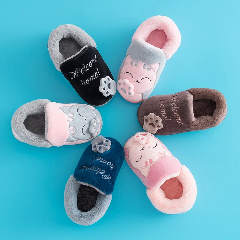 Children Cute Full Cover Heel Fluffy Slippers for Boys Girls Winter Warm Non-slip Indoor House Cotton Shoes