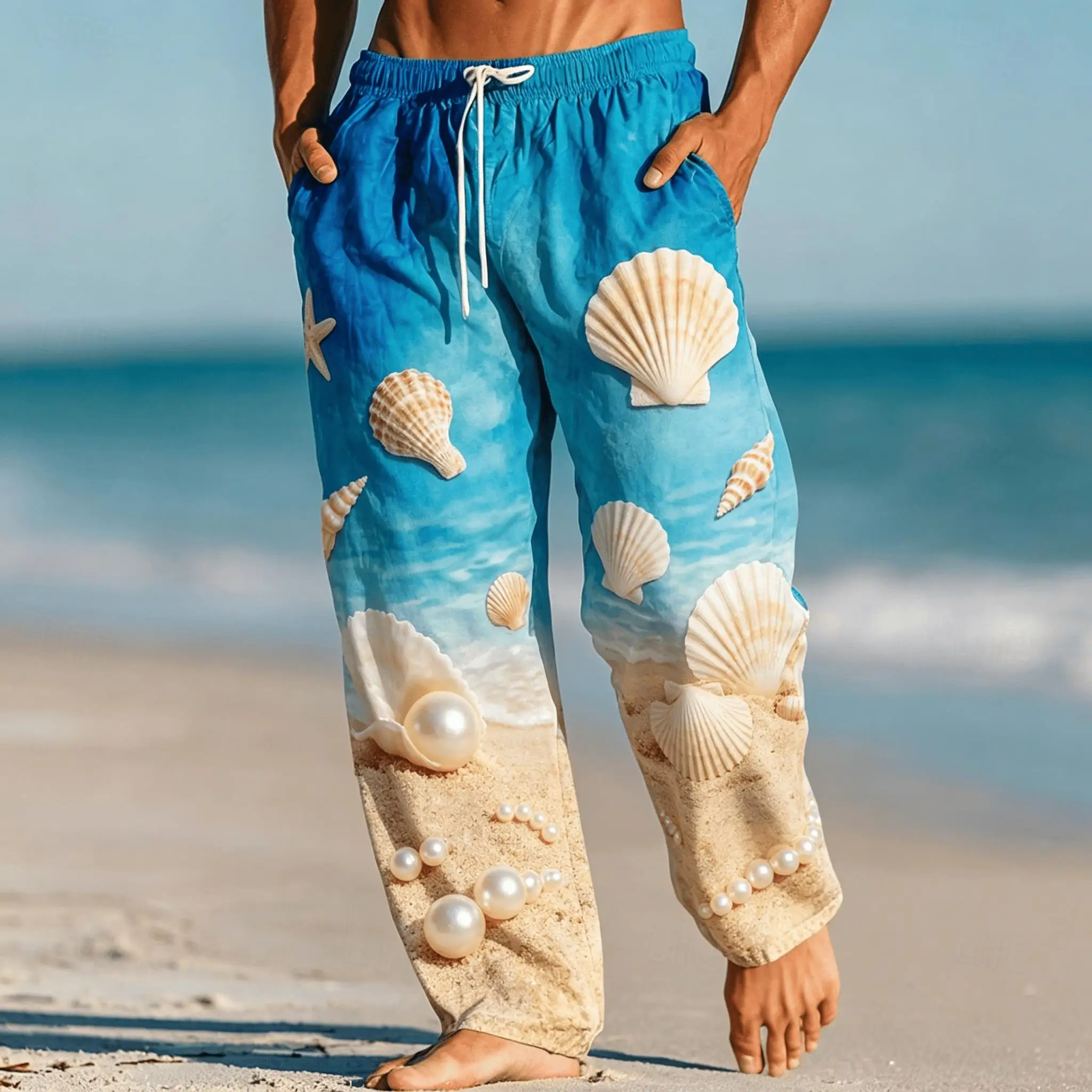 Men's Beach Seashell Pearl Print Drawstring Wide Leg Pants, Tropical Ocean Straight Pants for Spring & Summer