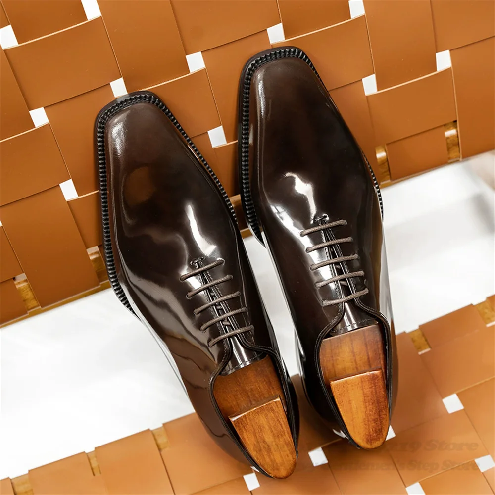 

2026 Handmade Coffee Color Open Edge Pearl Cowhide Oxford Shoes Genuine Leather Business Dress Patent Leather Wedding Shoes