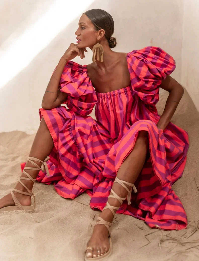 ฤดูร้อนชายหาดผู้หญิงชุดว่ายน้ําแขนฟองกระโปรงกว้างพิเศษลาย Beach ชุดวันหยุด