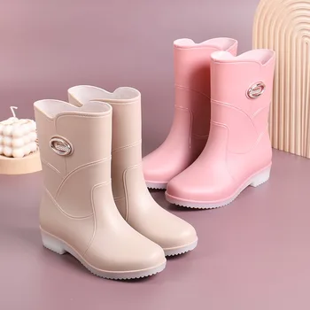 Fashionable Mid-tube Rain Boots for Women Wear-resistant Waterproof Rubber Shoes, Thick-soled Non-slip Women's Cotton Warm Shoes