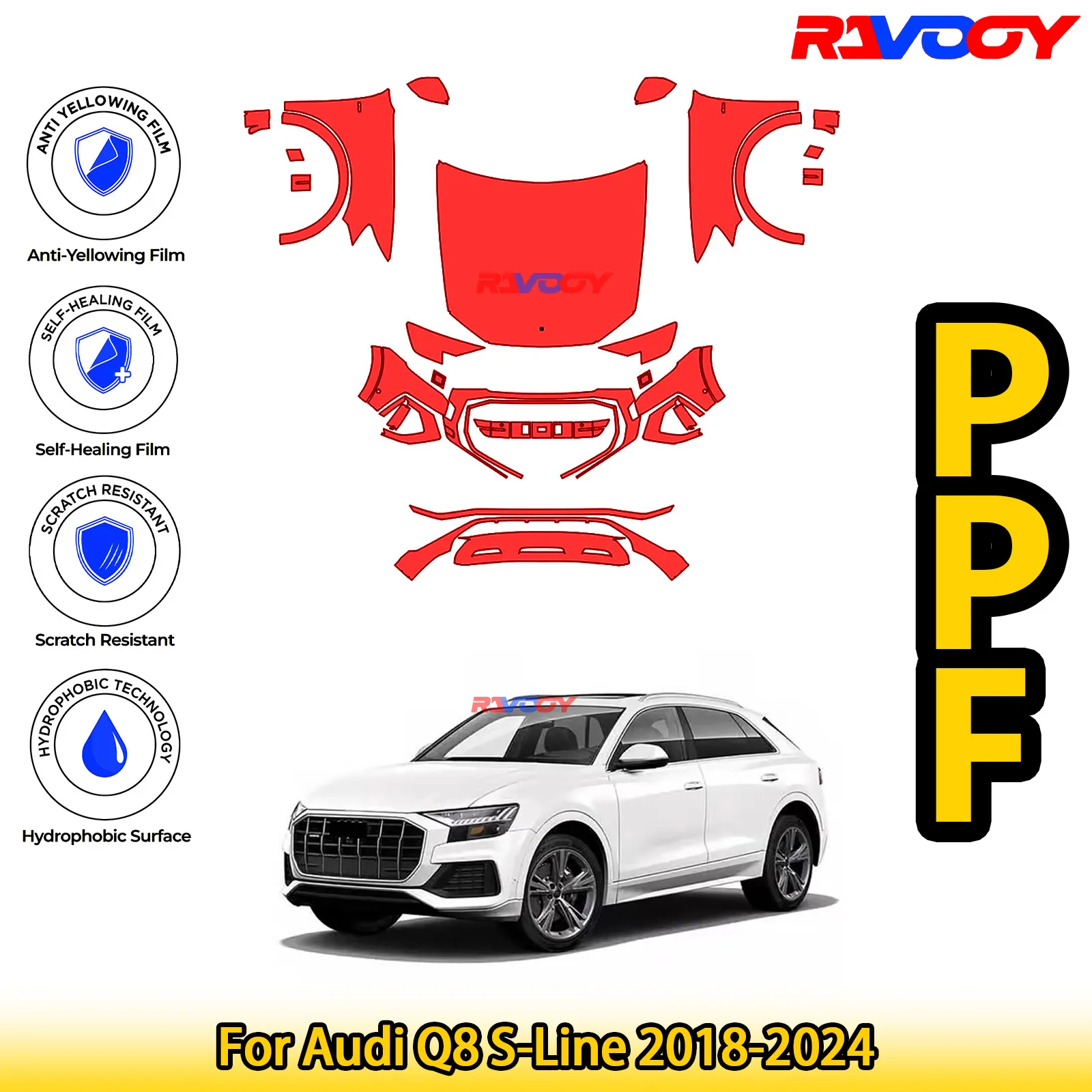 

For Audi Q8 S-Line 2018-2024 Glossy Matte Black Precut front PPF Kit Paint Protection Film