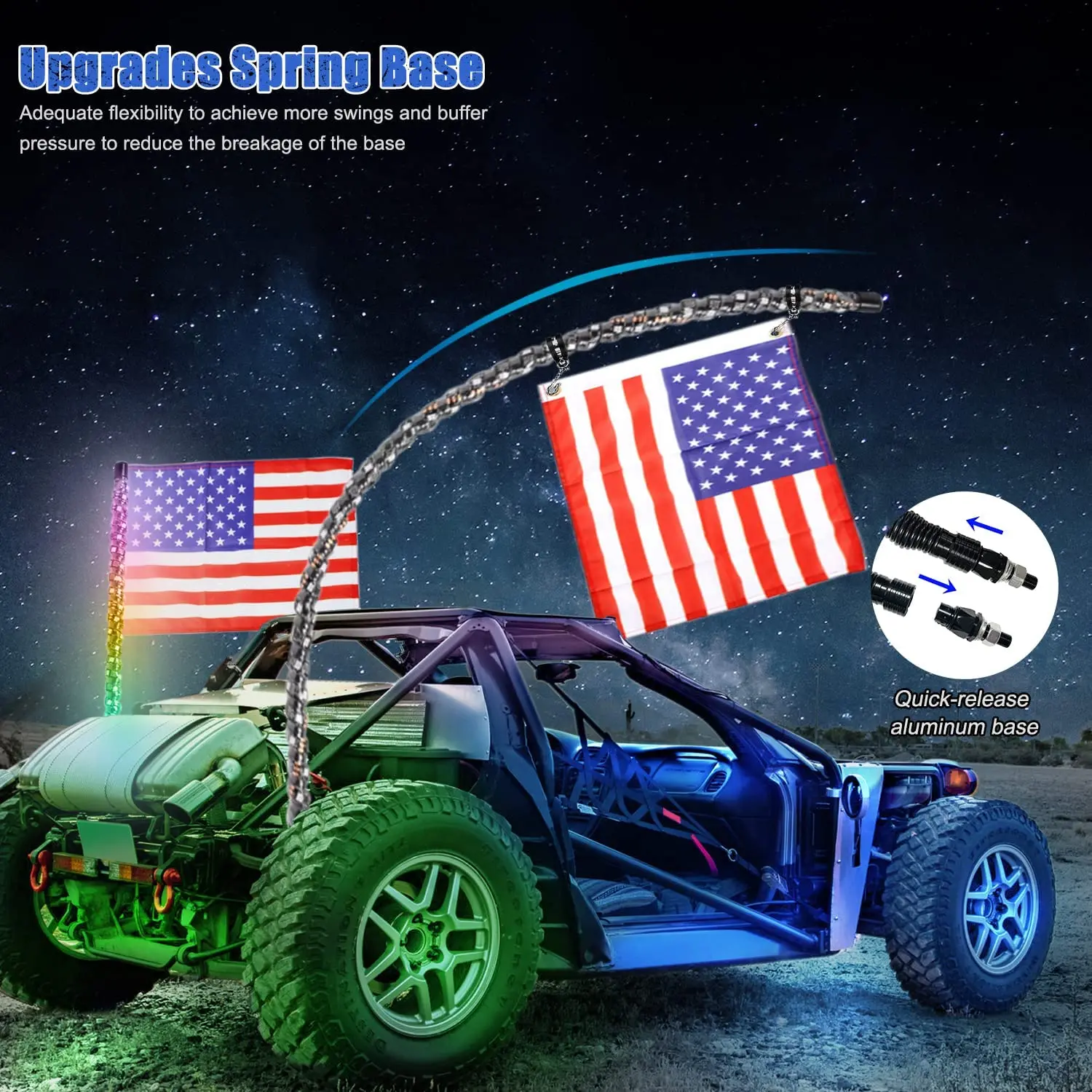 2PCS 1/2/3/4FT RRB LED Whip Lights With Flag RF Remote Control 360 Spiral Dancing Chasing Light Antenna Whip Lamps for UTV ATV
