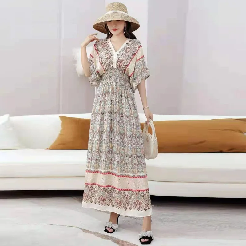 Vestido largo de verano con estampado coreano para mujer, prenda de vestir informal, elegante, Retro, bohemio, cuello en V, estilo de vacaciones