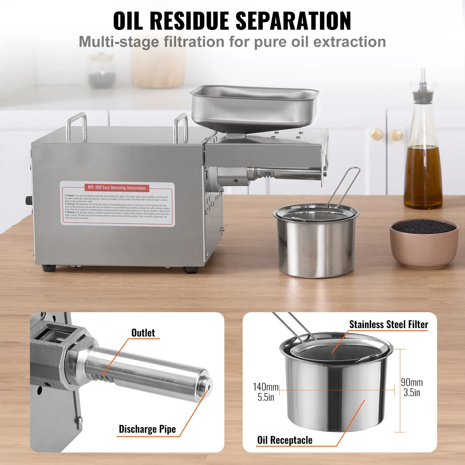 ماكينة ضغط الزيت الكهربائية من SucceBuy ماكينة استخراج الزيت من الفولاذ المقاوم للصدأ ماكينة ضغط ساخن لبذور السمسم والفول السوداني وبذور الشاي وبذور اللفت #4