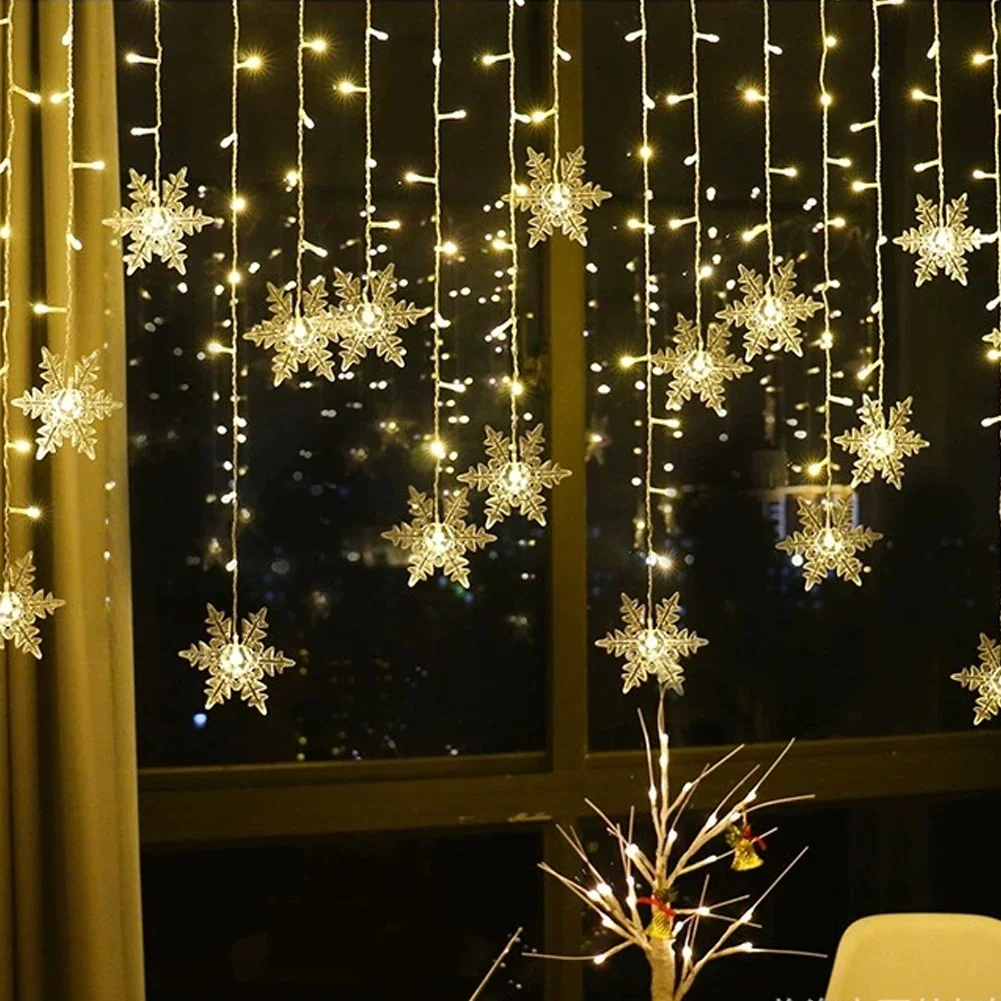 Guirnalda de luces navideñas LED, guirnalda de cortina con copos de nieve, impermeable, para decoración navideña, fiesta, 2024