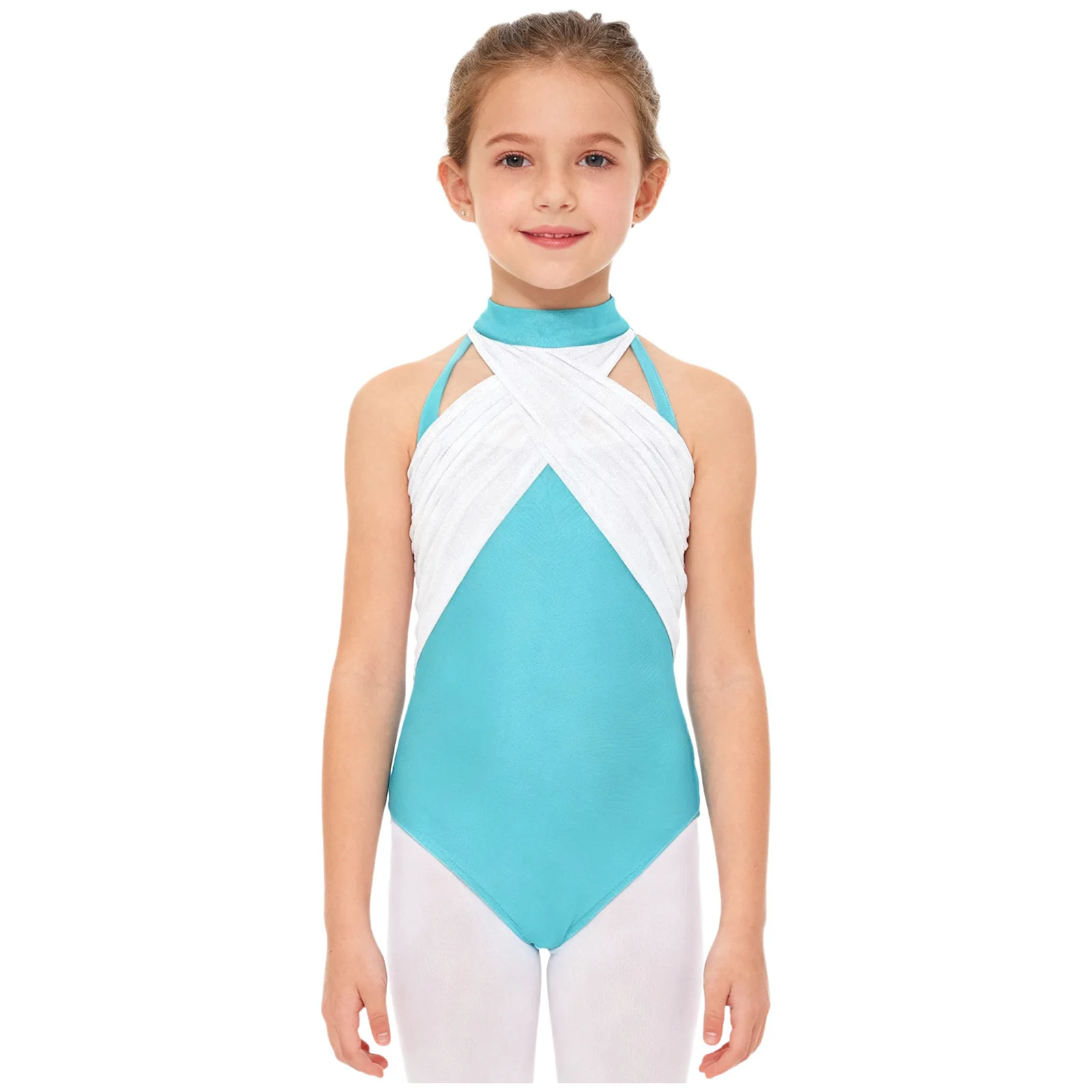 

Kids Girls Cross Ruched Acrobatics Gymnastics Ballet Dance Leotard Mock Neck Sleeveless Lace Mesh Patchwork Cutout Back Bodysuit