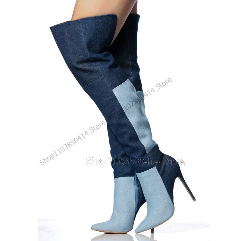 

Mixed Color Denim Geometric Design Pointy Toe Boots Side Zipper Women Shoes Thin High Heels New Fashion 2023 Zapatos Para Mujere