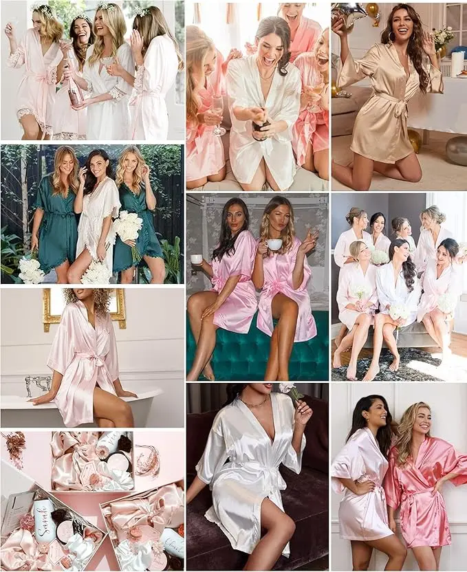 RB030 Sexy Large Size Sexy Satin Night Robe Lace Bathrobe Perfect Wedding Bride Bridesmaid Robes Dressing Gown For Women