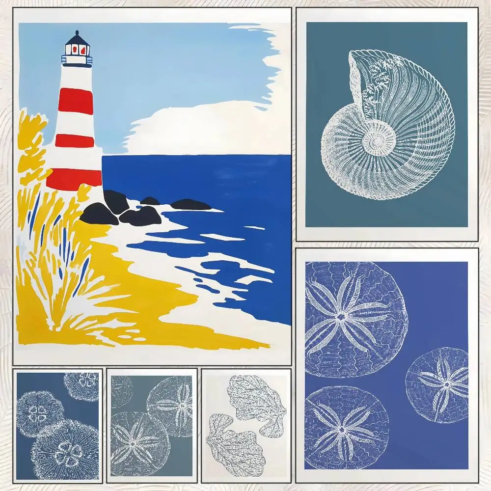 Blue Coast Shell Starfish Jellyfish Poster Self-adhesive Art Room Entrance Restaurant Wall Decor Art Painting