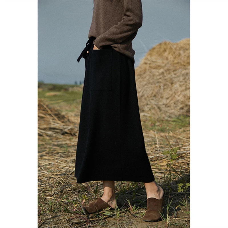 Hot Autumn/Winter New 100% Wool Skirt Women Loose And Thin Double Pocket A-Line Knitted One-Step Umbrella Long Dress Cashmere