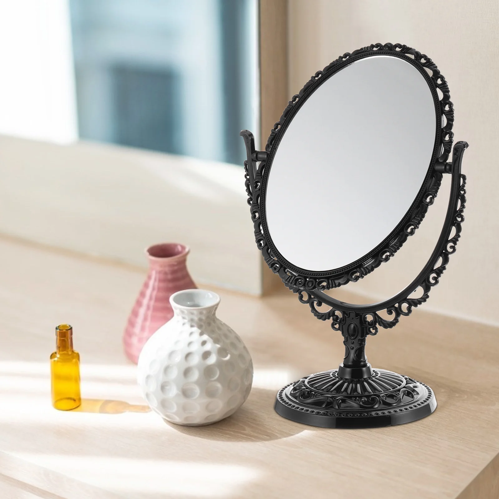 

Double Side Vintage Mirror Oval Swivel Desktop Makeup Mirror Retro Dresser Tabletop Tool Makeup Tool