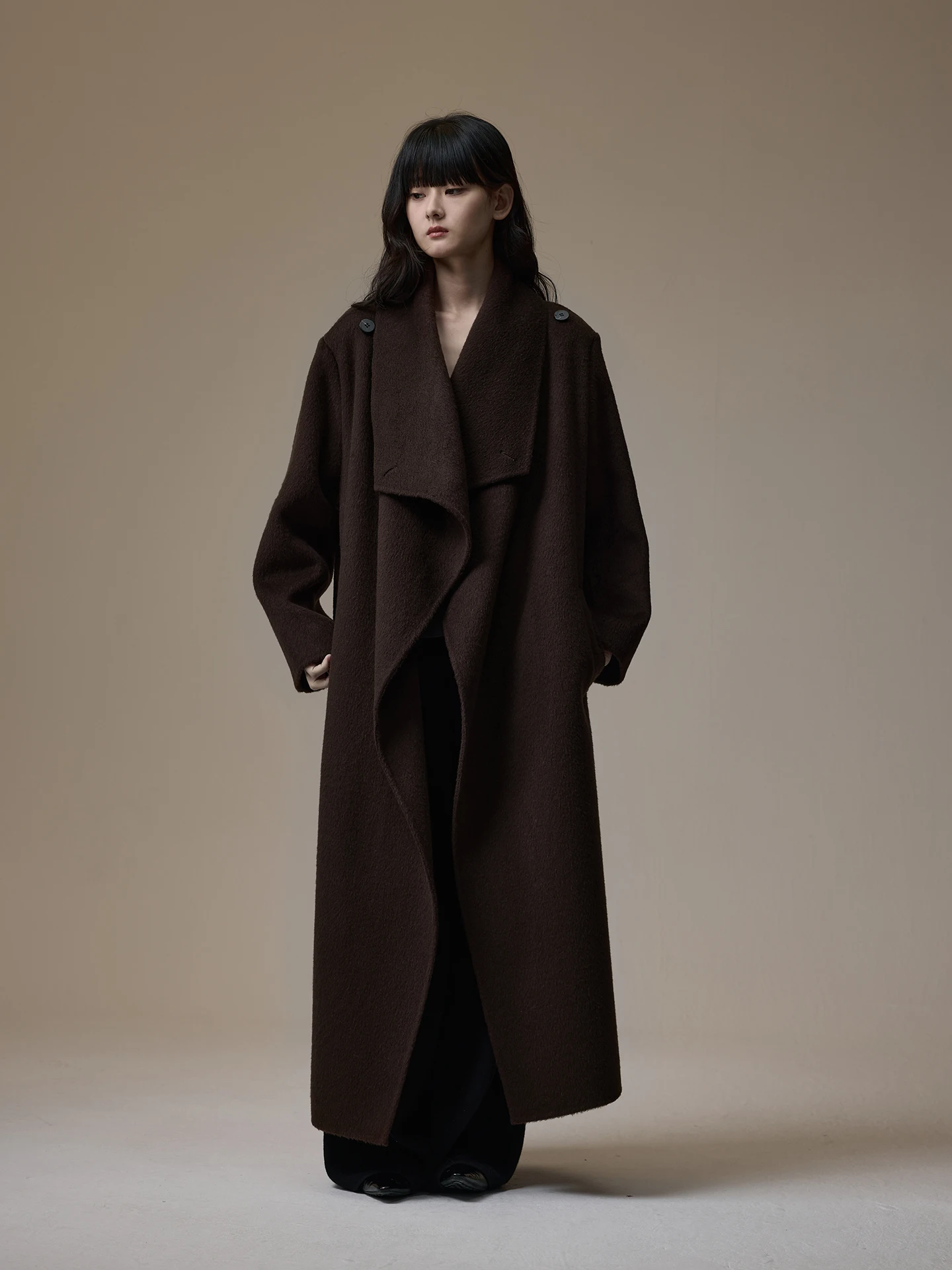 

INOUT Q Double-Faced Woolen Coat Classic Large Collar Loose Silhouette oulder-Length Jaet Commute Sle Long Sve