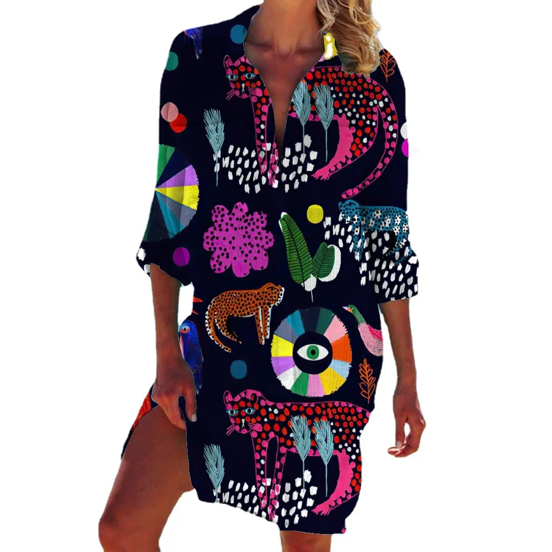 Women Printed Blouse Long Top Tunics Cardigan Half Sleeved Loose Beach Wear Swimwear Ladies Dresses Shirts Button 2023