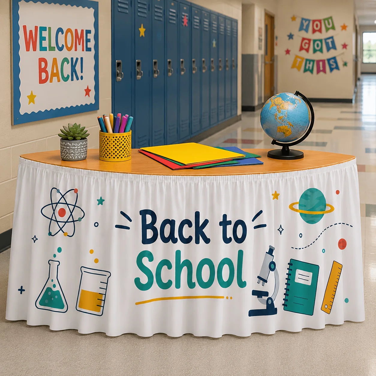 One tablecloth table skirt. Back-to-school season science-themed table skirt. With atomic microscope.