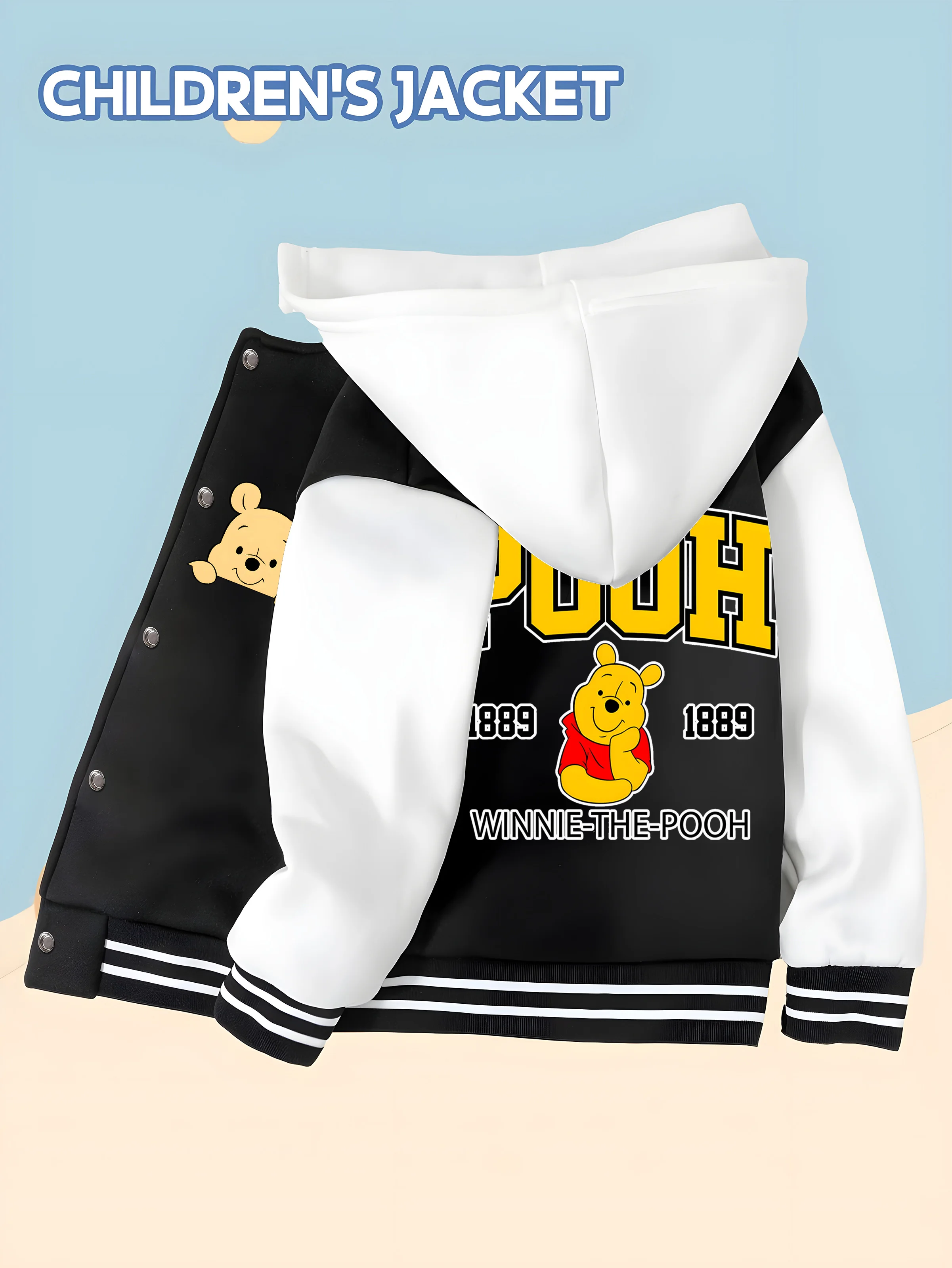 

MINISO Disney Winnie the Pooh colorful print children's clothing boys' baseball jacket, daily casual soft skin-friendly