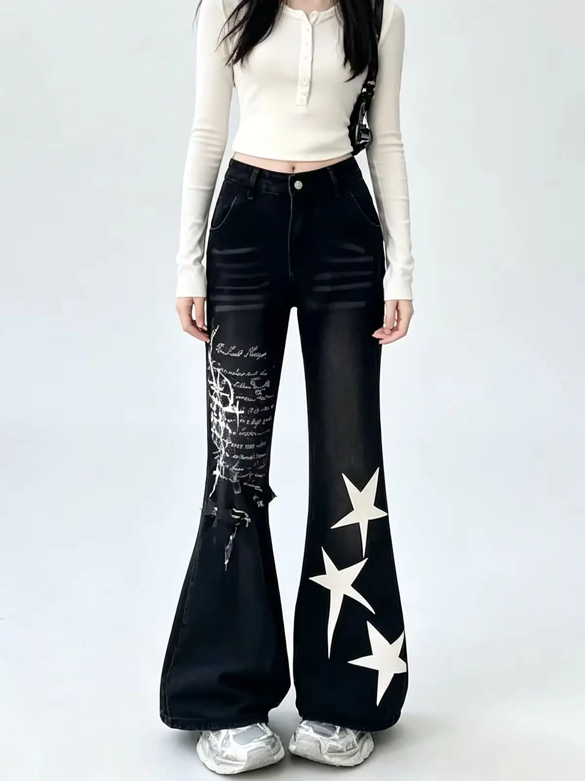 

Women's Gothic Star Print Casual Jeans Y2K Harajuku Street Style Retro Denim Long Trousers High Street Aesthetic Black Jeans New