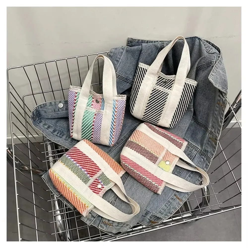 Fashionable Contrast Color Stripe Weave Bag Stripe Pattern Soft Polyester Small Cloth Bag Tote Bag Casual Use