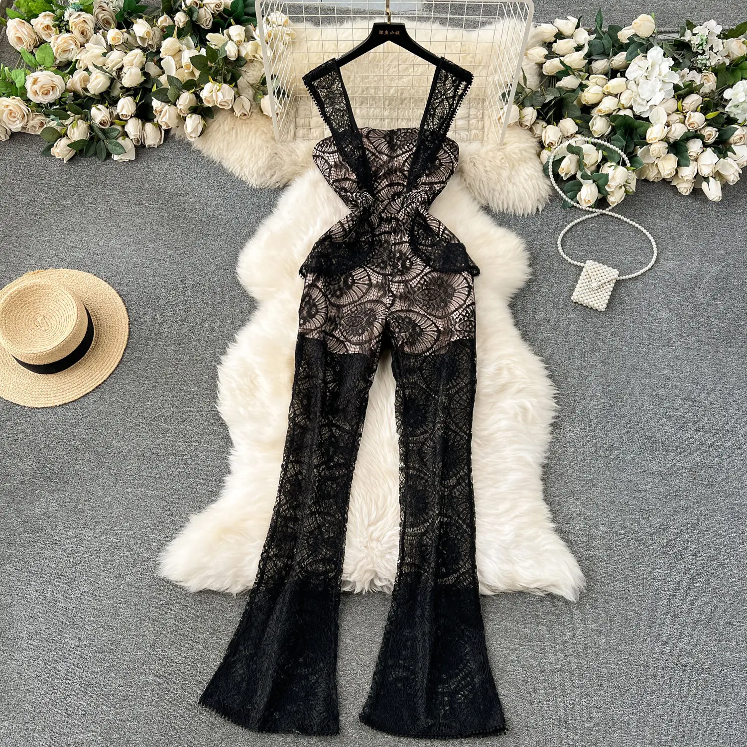 

Foamlina Women Elegant Black Floral Lace Jumpsuit Summer Korean Fashion Spaghetti Strap Sleeveless Hollow Out Flare Pants Romper