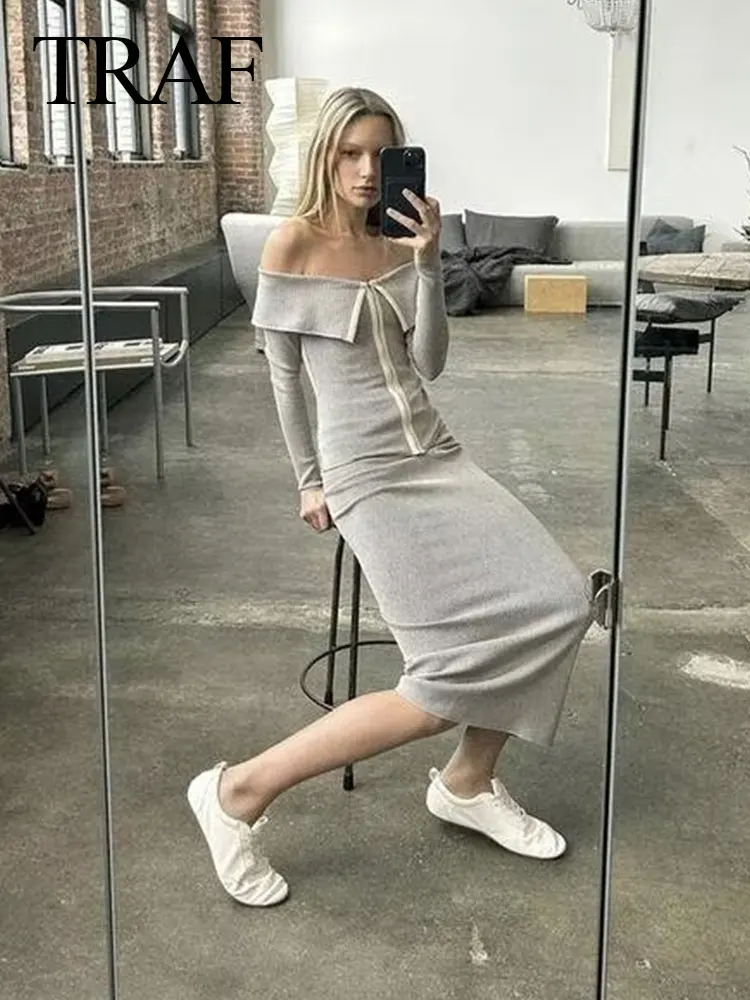 TRAF 2024 Spring Woman's Sets Turn-Down Collar Long Sleeves Zipper Cardigan Top + High Waist Chic Elegant Slim Female Long Skirt
