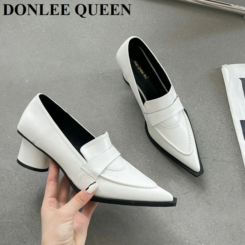 2022 Autumn Thick Heels Shoes Women Brand Vintage British Style Pointed Toe Retro Pumps Shallow Casual Shoes Zapatillas De Mujer