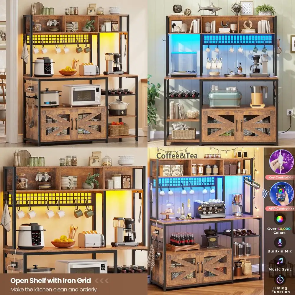 

Подставка для микроволновой печи в стиле фермерского дома, 47,2 дюйма с местом для хранения и винной полкой, шкаф для кофе-бара с розеткой