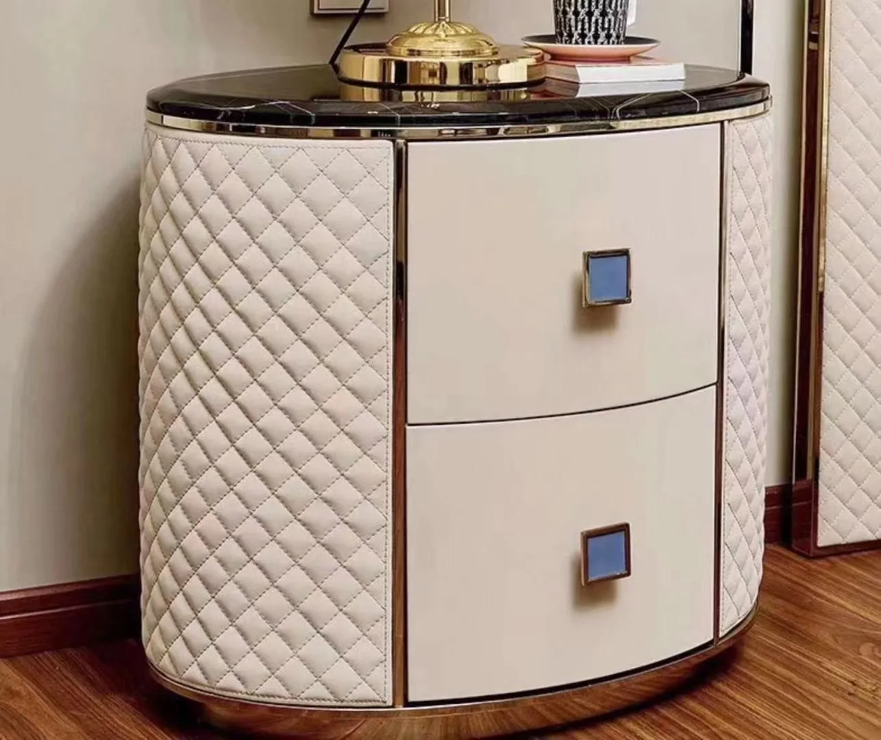 Modern luxury cheap good quality home furniture bedroom  stainless steel legs marble top leather storage bedside table set