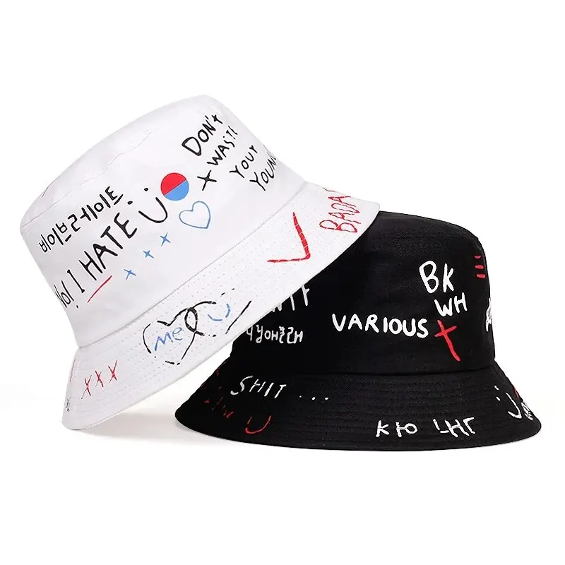 Unisex Letter Graffiti Printing Personality Bucket Hats Fishermen Caps Outdoor Casual Cap Sunscreen Hat