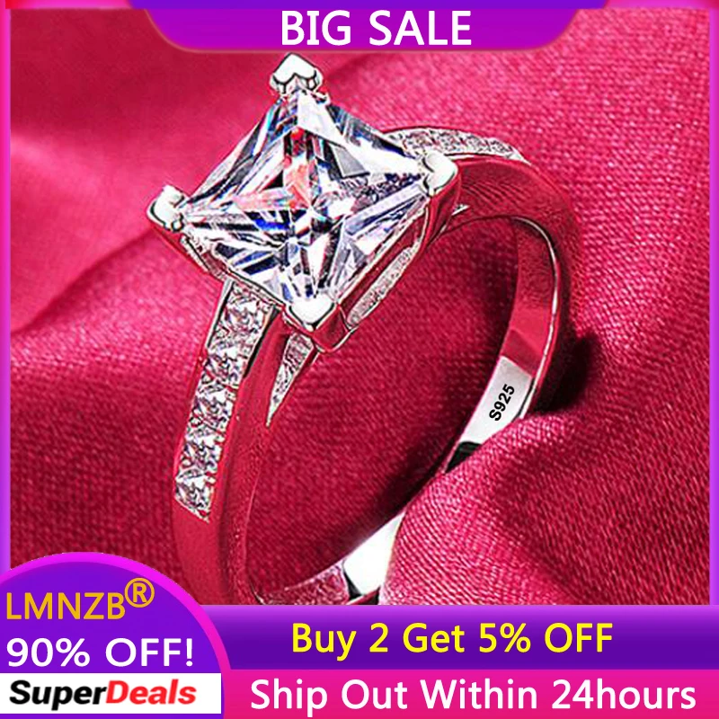 

LMNZB Solid 925 Silver Ring Delicate Square Cubic Zircon Rings For Women Girl Luxury White Gold Color Fashion Jewelry Best Gift