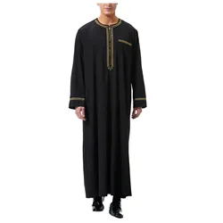 Mens Muslim Dress Muslim Robe Arab Middle Robe Long Sleeve Embroidered Pocket Long Shirt Robe Coat Shirt Mens Prayer Clothing