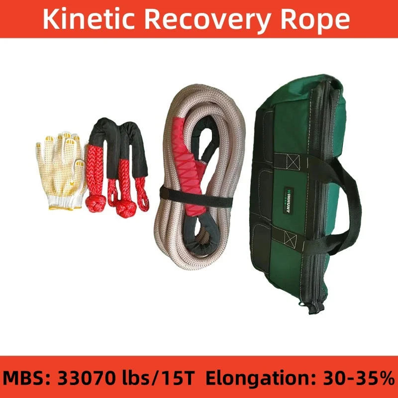 

33070LBS Kinetic Recovery Tow Rope 22mm Off Road Heavy Duty Tow Strap with 2 UHMWPE Soft Shackles Recovery Rope Kit for SUV, ATV