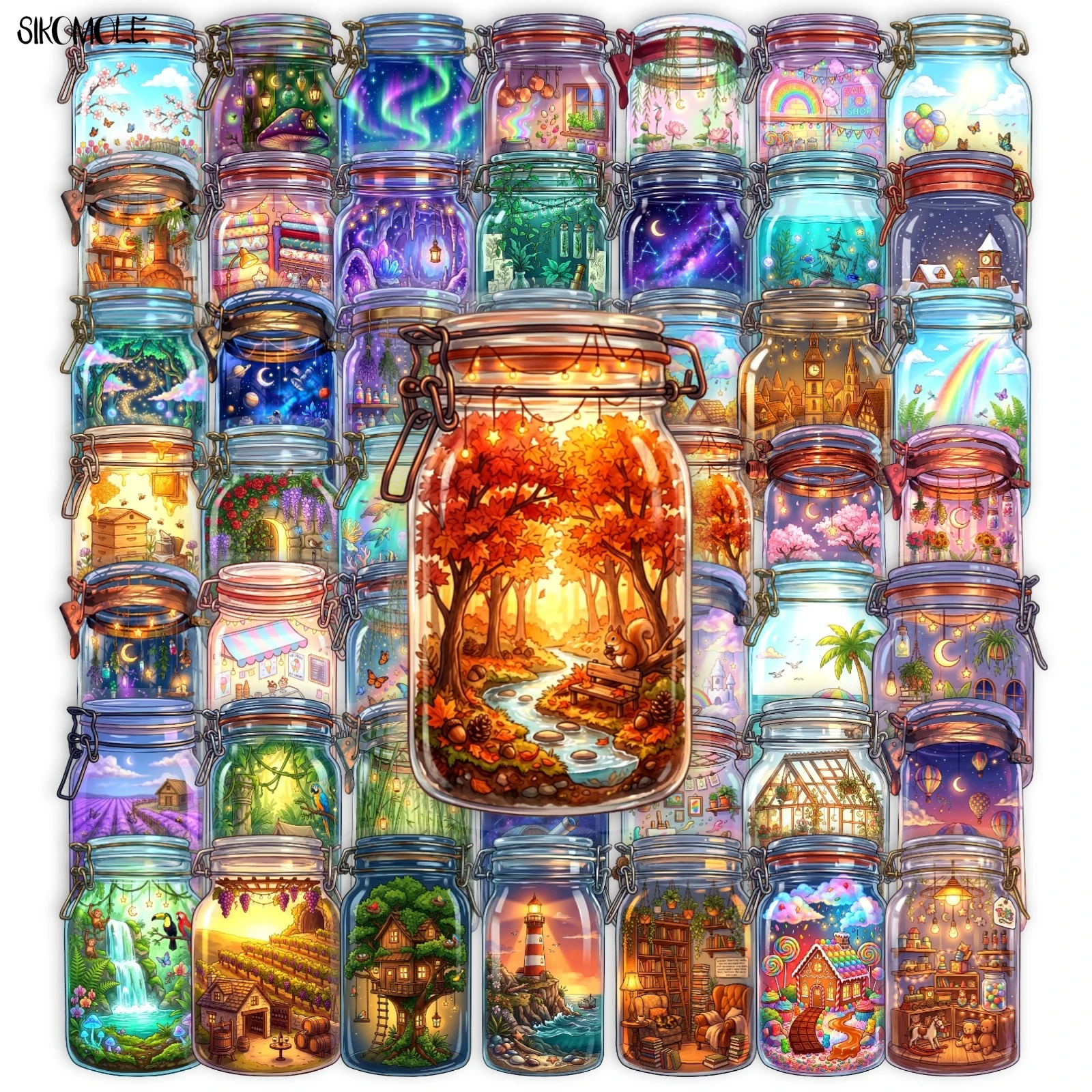 50PCS Dream Landscape Glass Jar Stickers Aesthetic Classic Toy PET Transparent DIY Scrapbook Bottle Graffiti Decor Sticker