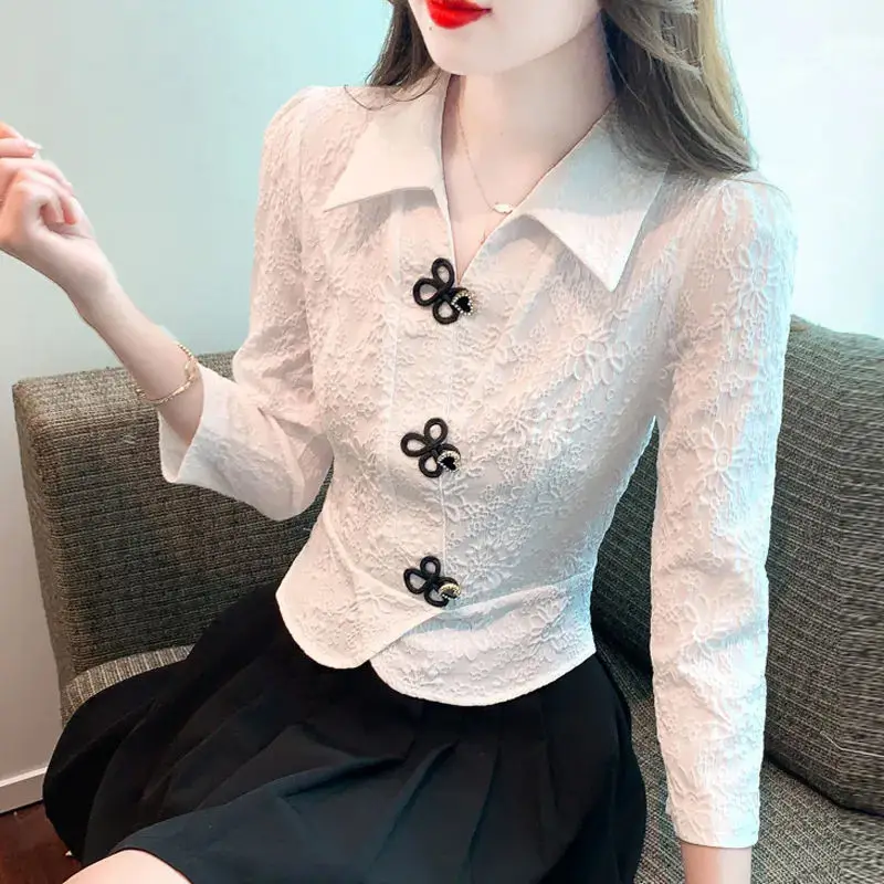 Office Lady Peter Pan Collar Solid Color Pullover Women\'s Long Sleeve Rivet T-shirt Elegant Spring Autumn Flattering Tops