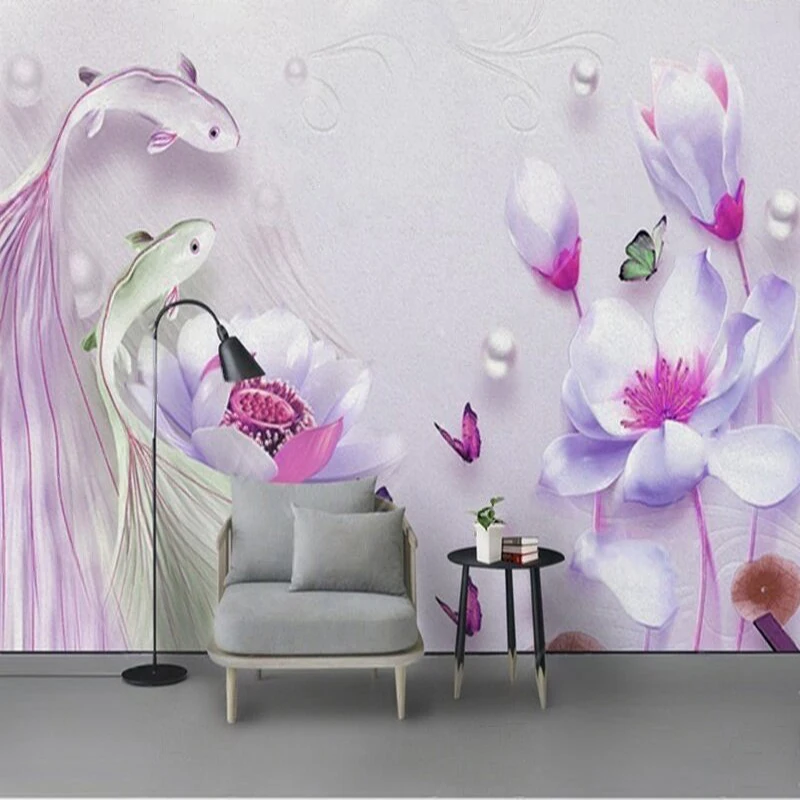 Elegant simple grand and modern 3d magnolia lotus pearl guppy Room Decoration Accessories bedroom background wall