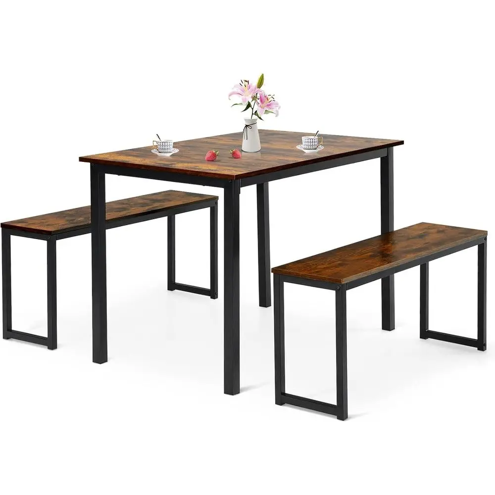 3 or 4-Piece Dining Set, Kitchen Table with Benches, Industrial Counter Height Table Set, Anti-Slip Pads, Heavy Duty Steel, Suit