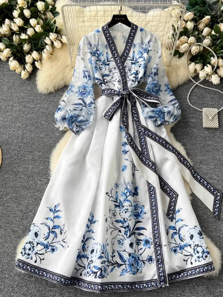 Hikigawa Chic Fashion Women Vintage Print Dresses Summer V Neck Bandage Slim Waist Elegant Lantern Sleeve Long Vestidos Mujer