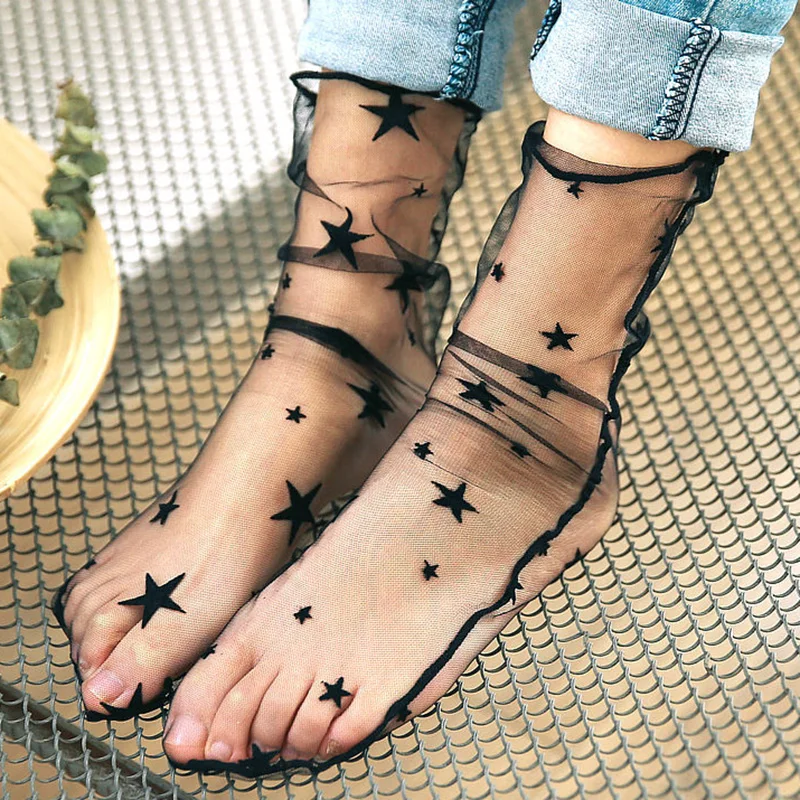 Calcetines tobilleros de malla transparente para mujer, medias sexys de encaje con lunares y estrellas, medias ultrafinas de tul de princesa, ropa de calle, 1 par