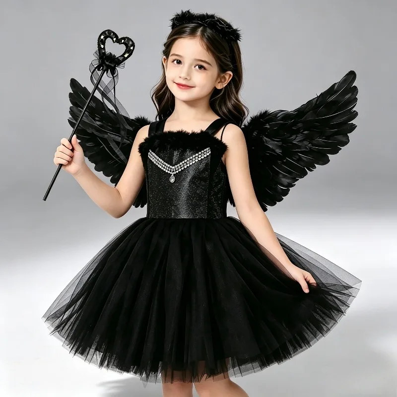 Girls Solid Black Dark Fallen Angel Tutu Dress With Feather Wings Kids Halloween Carnival Fancy Party Costume Outfit