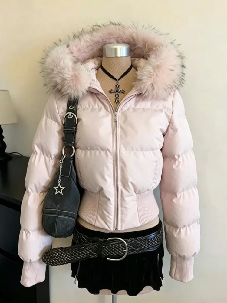 Japanische Retro-Damen-Winterjacke mit Kunstfellkragen und Kapuze, Parka im Street-Style, langärmelig, mit Reißverschluss, kurze Jacke für den Alltag.