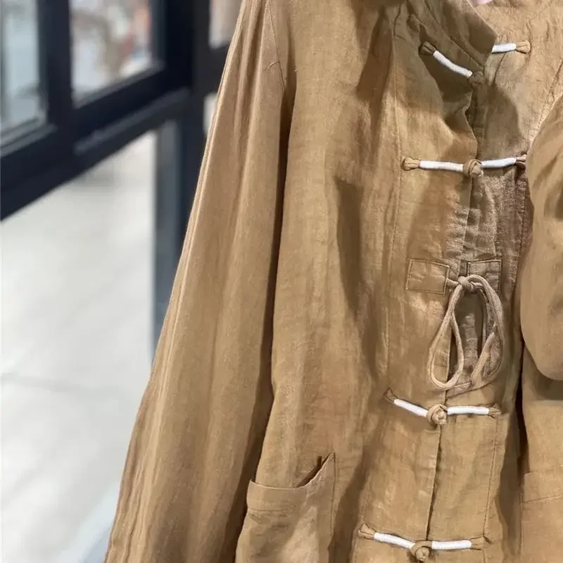 Podstawowa lniana bluzka w stylu retro damska moda Design klamra sznurowana koszula wszechstronna z długim rękawem solidny damski kardigan topy jesień
